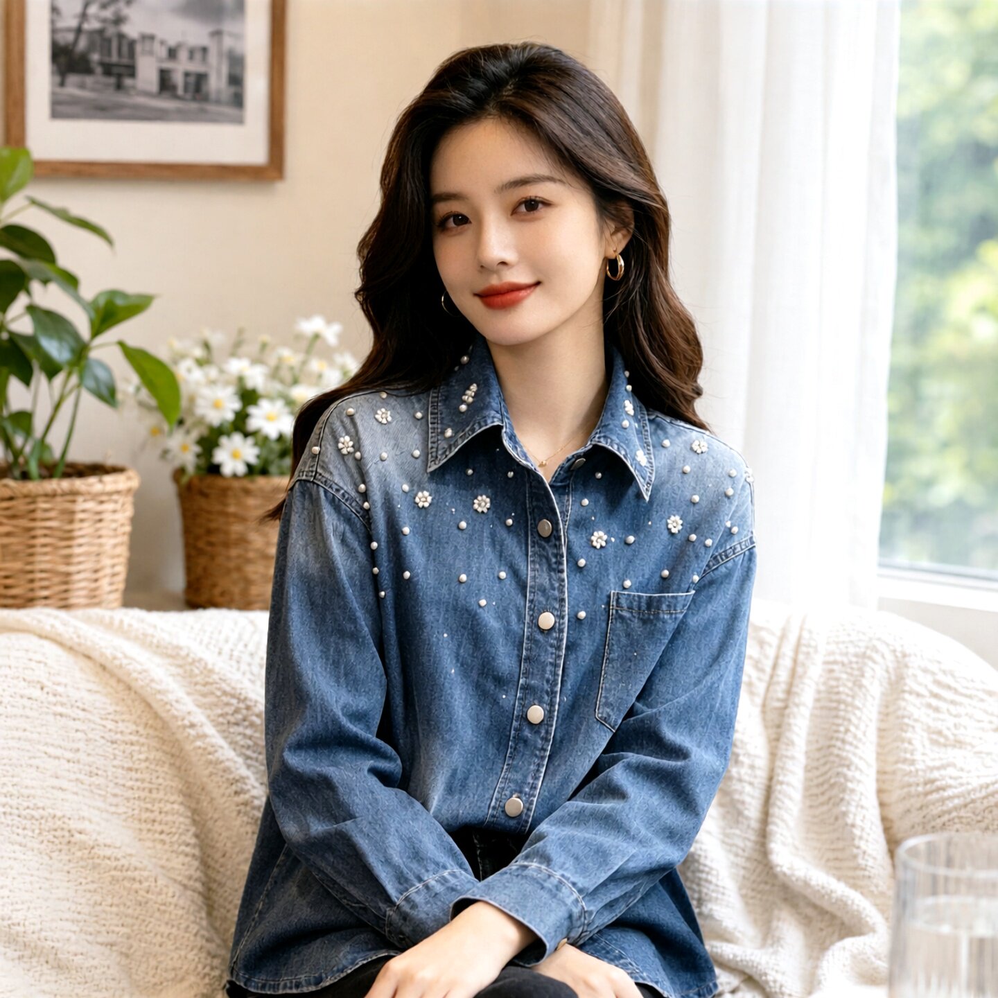 法式清新仿珍珠牛仔衬衫女