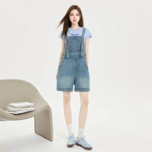 2026年夏季新款浅蓝色背带牛仔短裤女春季高腰宽松显瘦减龄阔腿裤