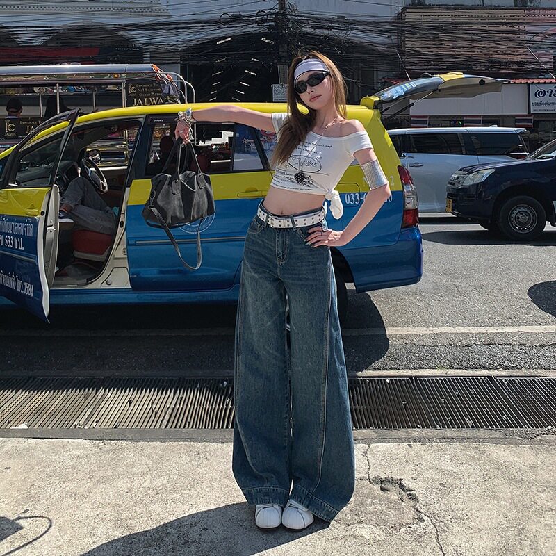 复古蓝刺绣显瘦阔腿牛仔裤女