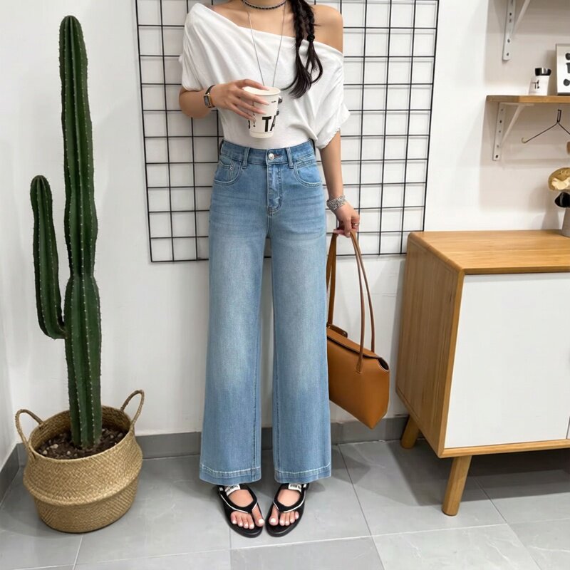 春夏高腰显瘦女直筒阔腿牛仔裤
