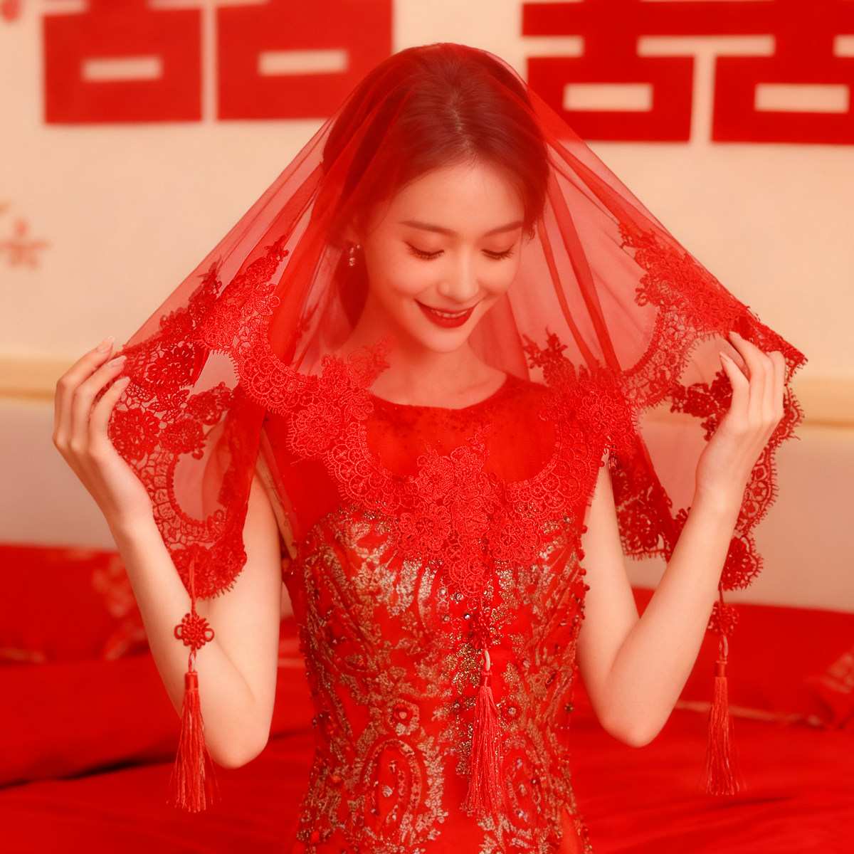 红盖头新娘秀禾高级结婚用的头纱