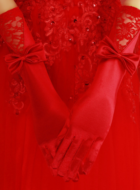 新娘手套结婚婚纱白色红色缎布缎面有指加长秋冬婚礼服长短款黑色