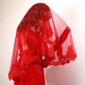 半透明蕾丝结婚红纱出嫁接亲 秀禾古风新款 红盖头新娘红色头纱中式