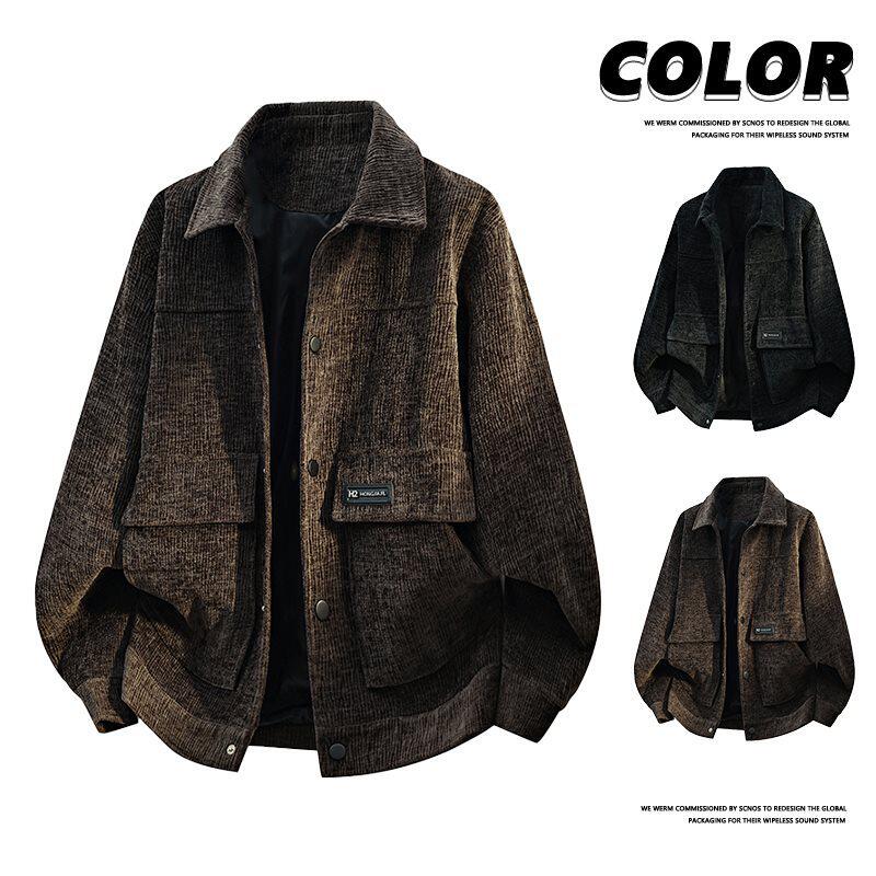 复古潮牌纯色撞色翻领夹克男女春季宽松情侣百搭时尚灯芯绒外套大