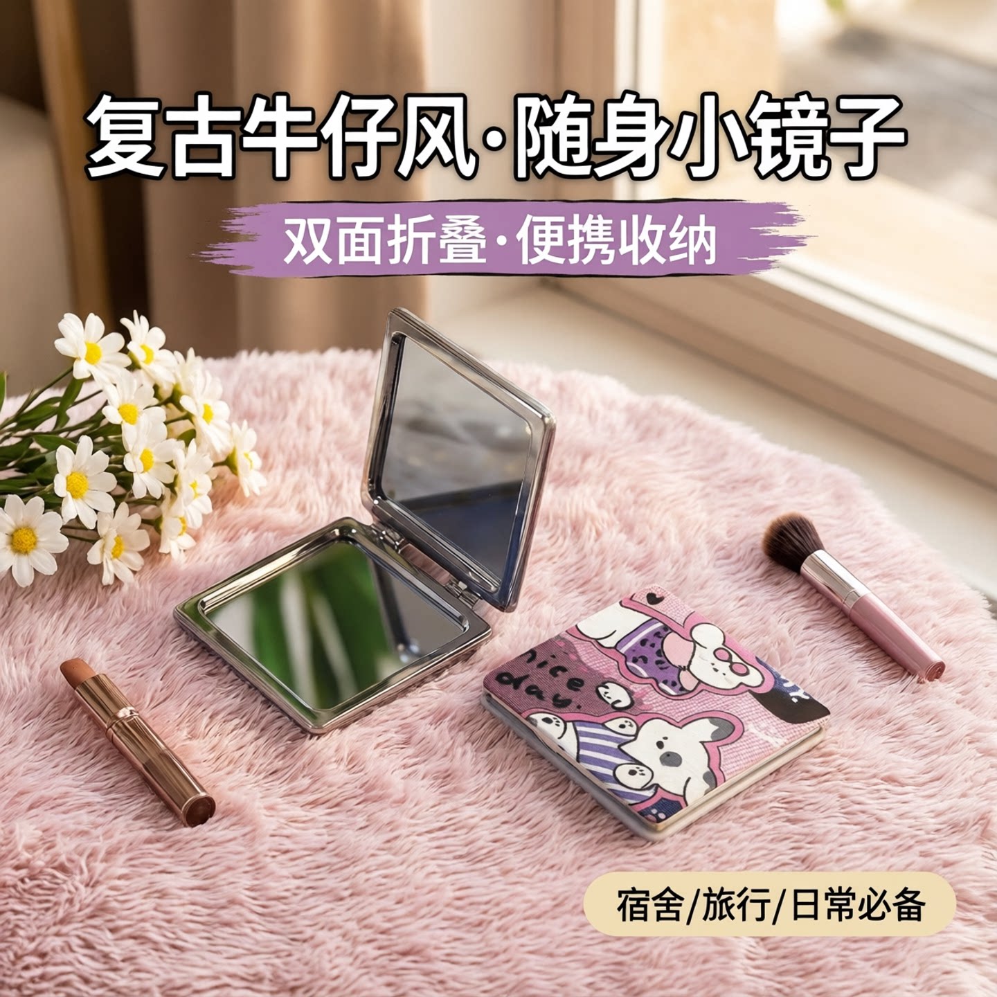 复古牛仔折叠迷你双面化妆小镜子