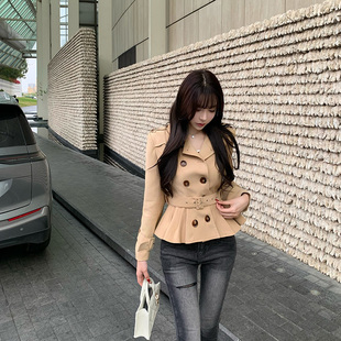 Liuu嘻嘻阿韩版 带腰带收腰百搭洋气上衣 气质双排扣风衣外套女春季