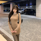 Liuu嘻嘻阿保暖打底麻花针织连衣裙女冬弹力显瘦内搭包臀裙带腰带