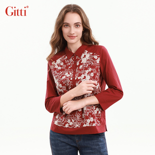 Gitti/吉蒂秋款提花刺绣POLO衫女棉时尚七分袖上衣G255093