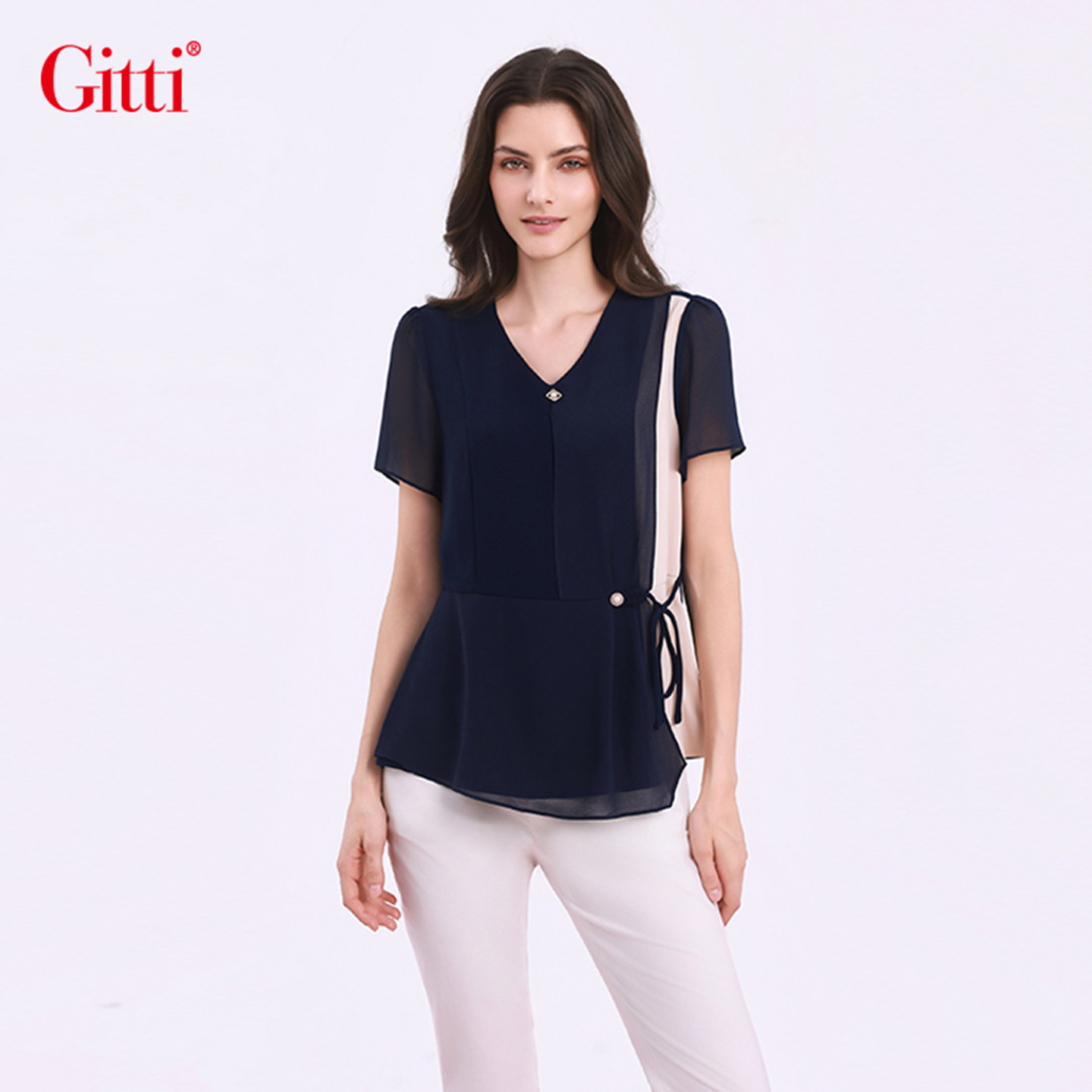 Gitti/吉蒂假两件雪纺拼接优雅显层次短袖女V领短袖上衣G261489
