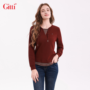Gitti/吉蒂假两件拼接条纹撞色抽绳卫衣女棉显瘦针织上衣G255544