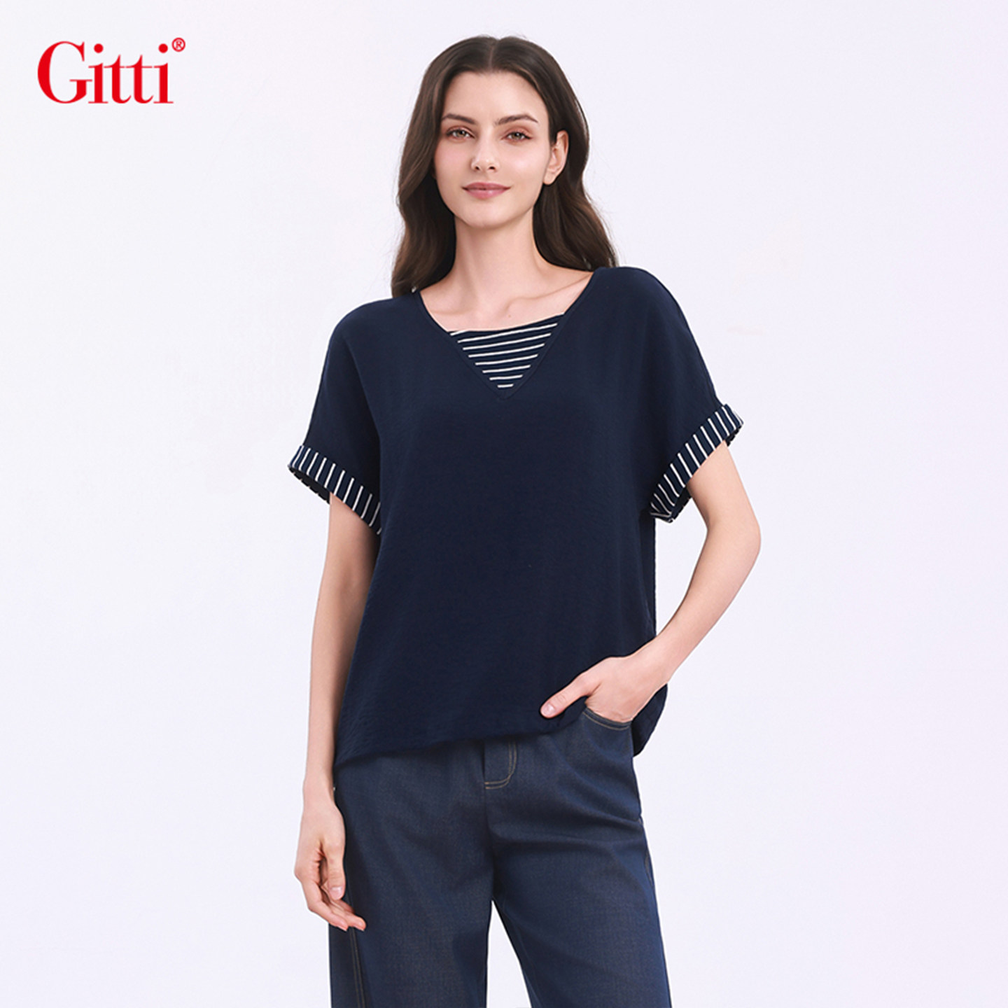Gitti/吉蒂撞色条纹挽边连肩袖T恤女宽松大码短袖上衣G261492