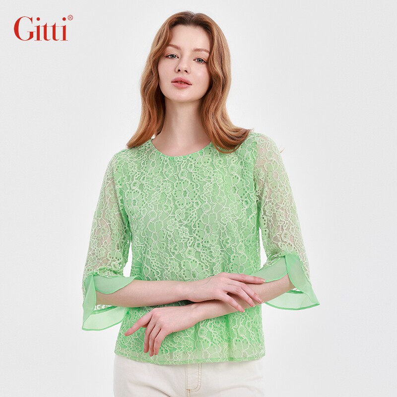 Gitti/吉蒂花瓣袖圆领蕾丝衫女棉清新甜美七分袖上衣G251045