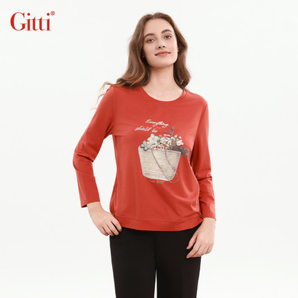 Gitti/吉蒂花卉字母立体刺绣T恤女棉莫代尔亲肤舒适上衣G255530