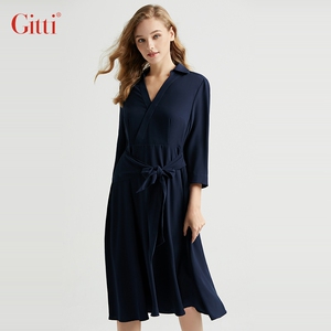 Gitti/吉蒂秋款时尚气质V领修身束腰七分袖连衣裙G225448