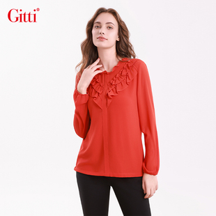 女宽松大码 衬衫 柔美上衣T恤G255053 吉蒂缩褶荷叶边长袖 Gitti