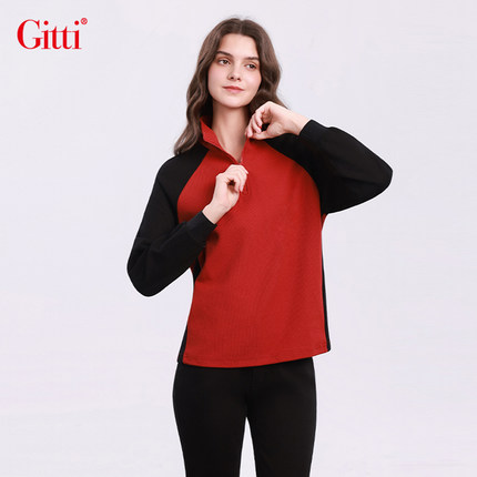 Gitti/吉蒂拼色拼接立领卫衣女棉宽松大码针织运动上衣G255289