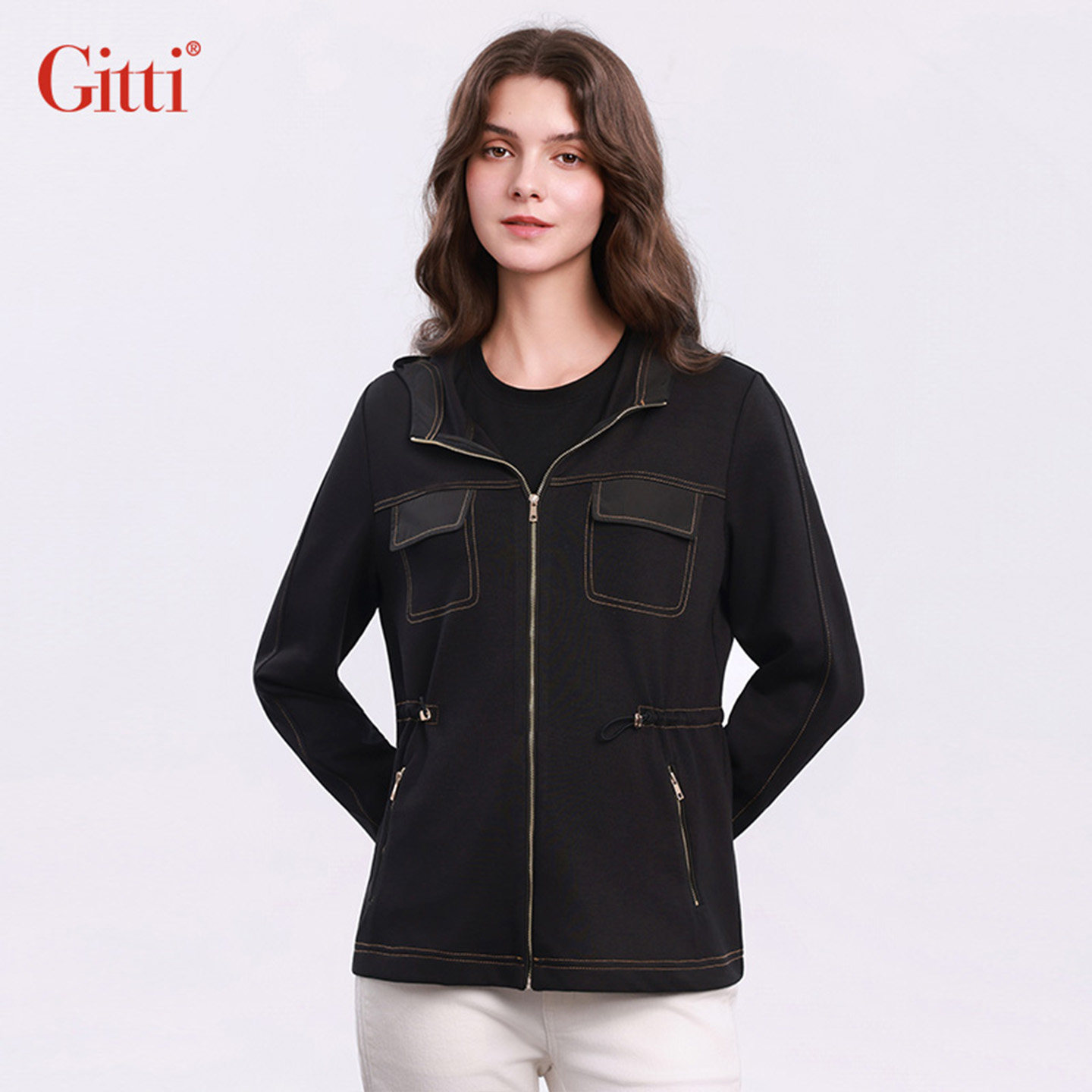 Gitti/吉蒂连帽抽绳收腰外套女大码显瘦长袖夹克G255464,女装/女士精品,短外套,淘宝优惠券,粉丝福利购,淘宝优惠卷