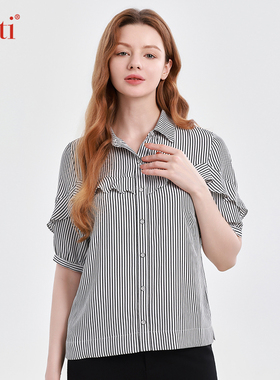 Gitti/吉蒂条纹花边五分袖衬衫女宽松大码短袖衬衣G251091
