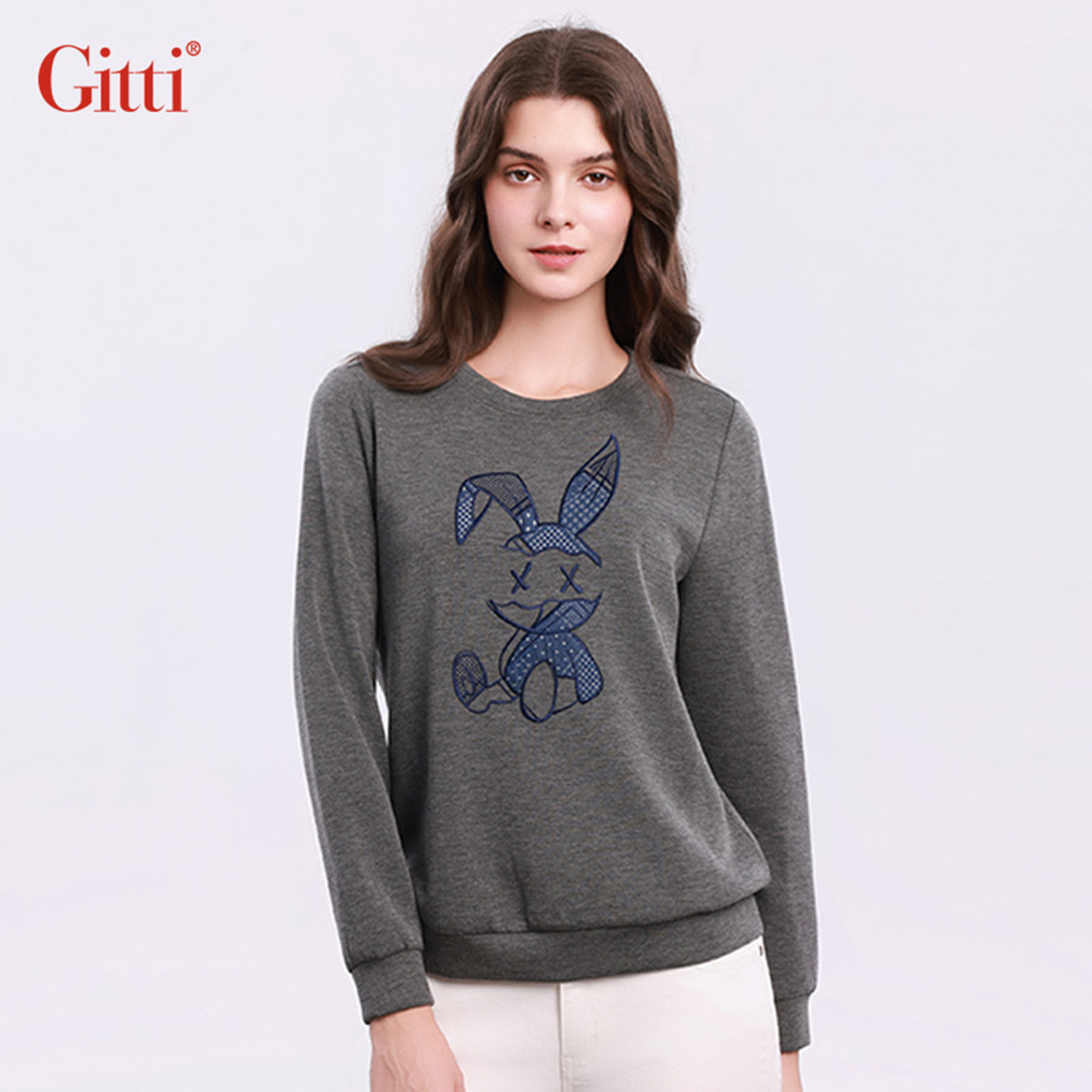 萌兔大码刺绣卫衣女拼接宽松针织