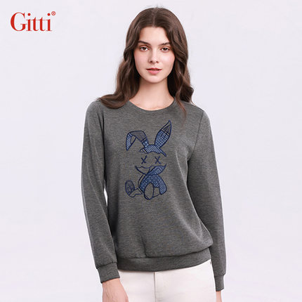 Gitti/吉蒂萌兔大码刺绣卫衣女圆领拼接宽松针织上衣G255371