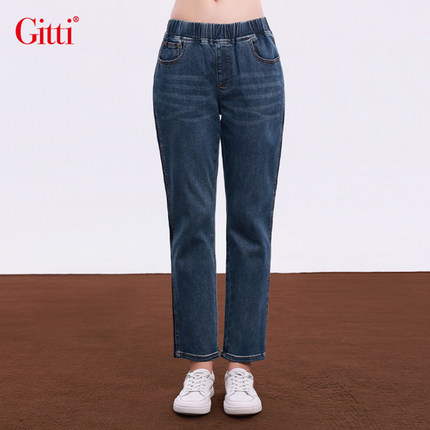 Gitti/吉蒂松紧腰拼接百搭牛仔裤女大码棉直筒弹力中裤G255137