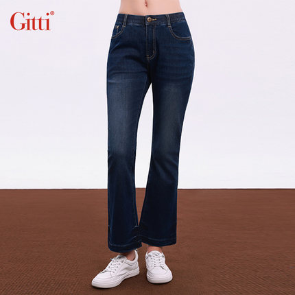Gitti/吉蒂抓纹磨白洗水喇叭裤女百搭微弹牛仔裤棉裤子G255437