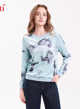 Gitti/吉蒂丝绒花卉印花长袖针织衫女圆领宽松大码T恤G255237