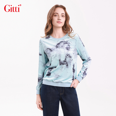 丝绒花卉印花长袖针织衫女