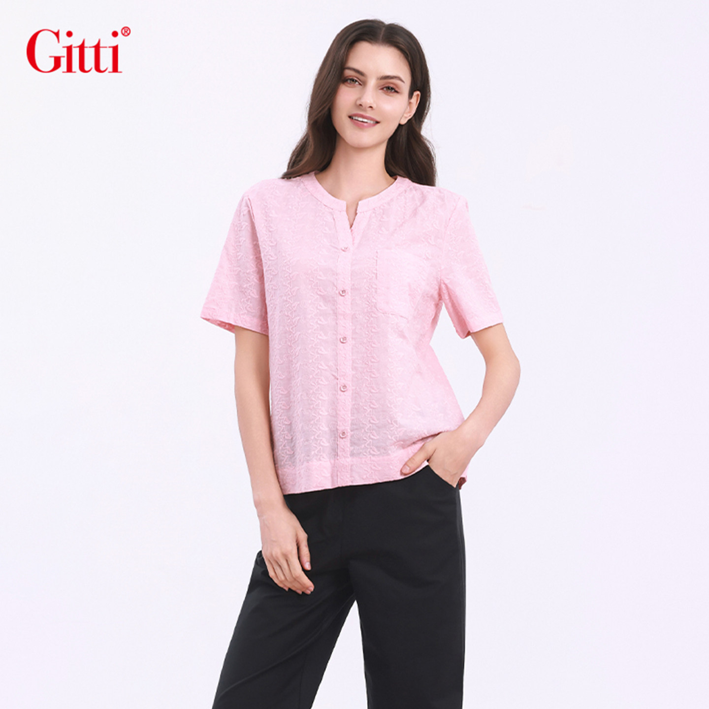 Gitti/吉蒂精棉绣花剪刀领衬衫女舒适亲肤短袖上衣G261122