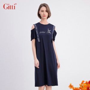 Gitti/吉蒂夏季新品印花露肩连衣裙女舒适圆领裙子G231476