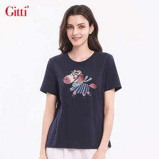 Gitti/吉蒂可爱减龄印花显瘦圆领T恤女棉亲肤舒适大码短袖G261593