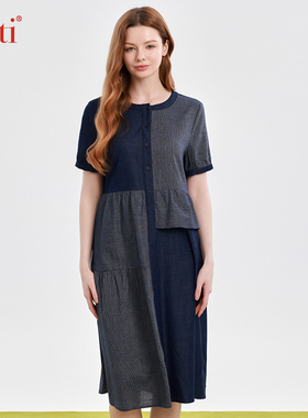 Gitti/吉蒂条纹印花拼接连衣裙女大码收腰圆领裙子G251213