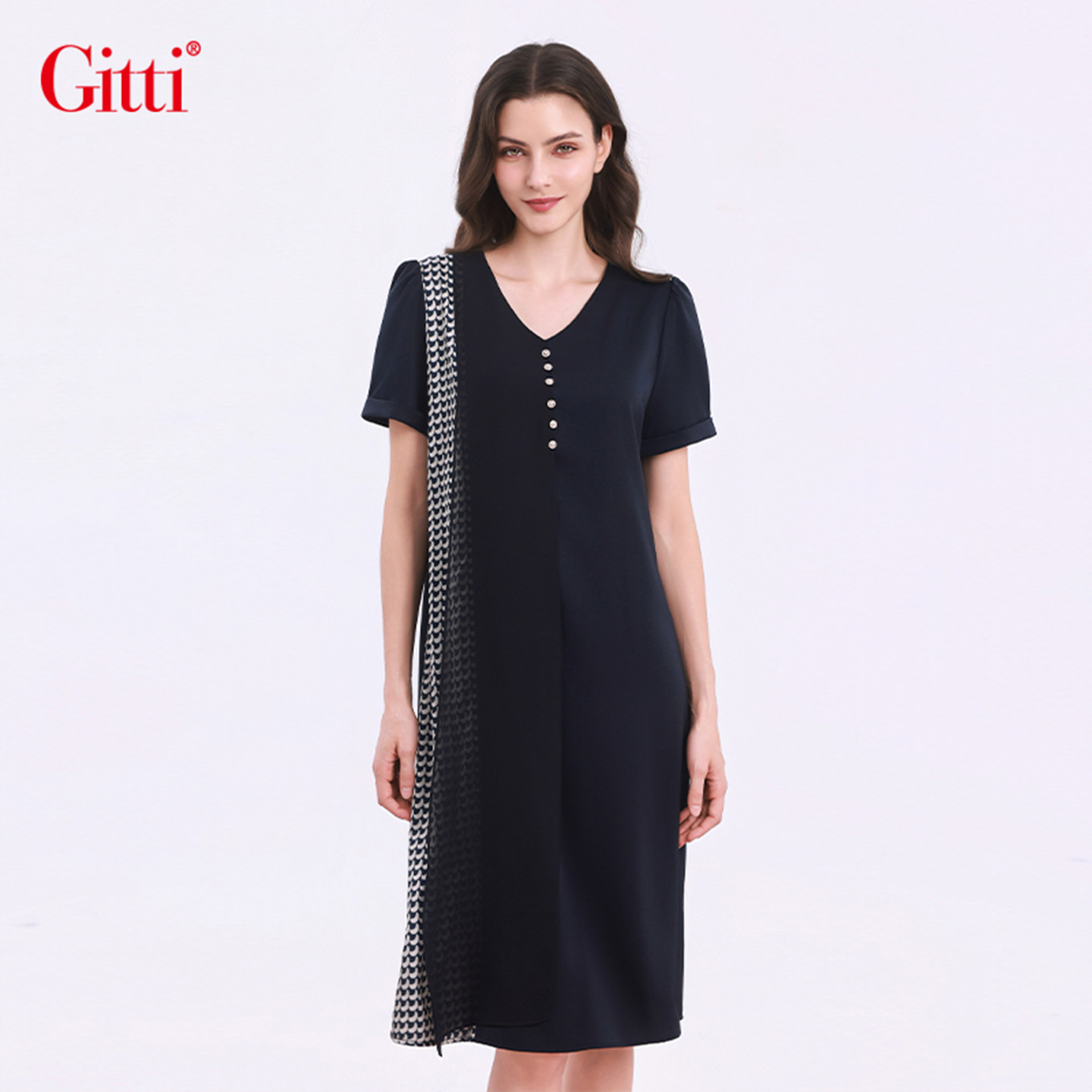 Gitti/吉蒂V领纽扣撞色雪纺拼接连衣裙女显瘦飘逸裙裤子G261685