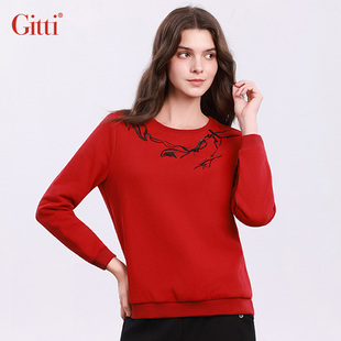 Gitti/吉蒂刺绣加绒加厚卫衣女宽松大码圆领棉针织上衣G255421