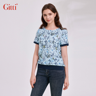 Gitti T恤G251749 女寬松大碼 吉蒂印花羅紋拼接圓領短袖