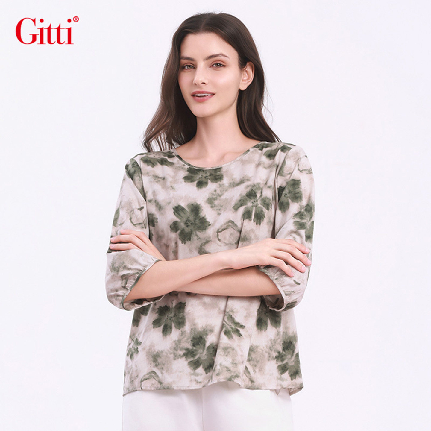 Gitti/吉蒂花卉印花中袖T恤女宽松大码上衣G261786