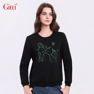 Gitti/吉蒂刺绣加绒棉卫衣女显瘦大码宽松针织上衣G255422