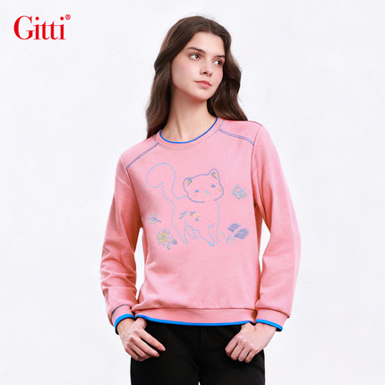 Gitti/吉蒂圆领空气层绣珠刺绣卫衣女针织大码上衣G255431