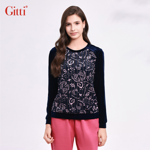长袖 印花金丝绒T恤女圆领宽松大码 上衣G245543 吉蒂秋款 Gitti