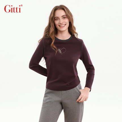 Gitti/吉蒂手工缝珠片立体刺绣卫衣女棉圆领针织大码上衣G255524