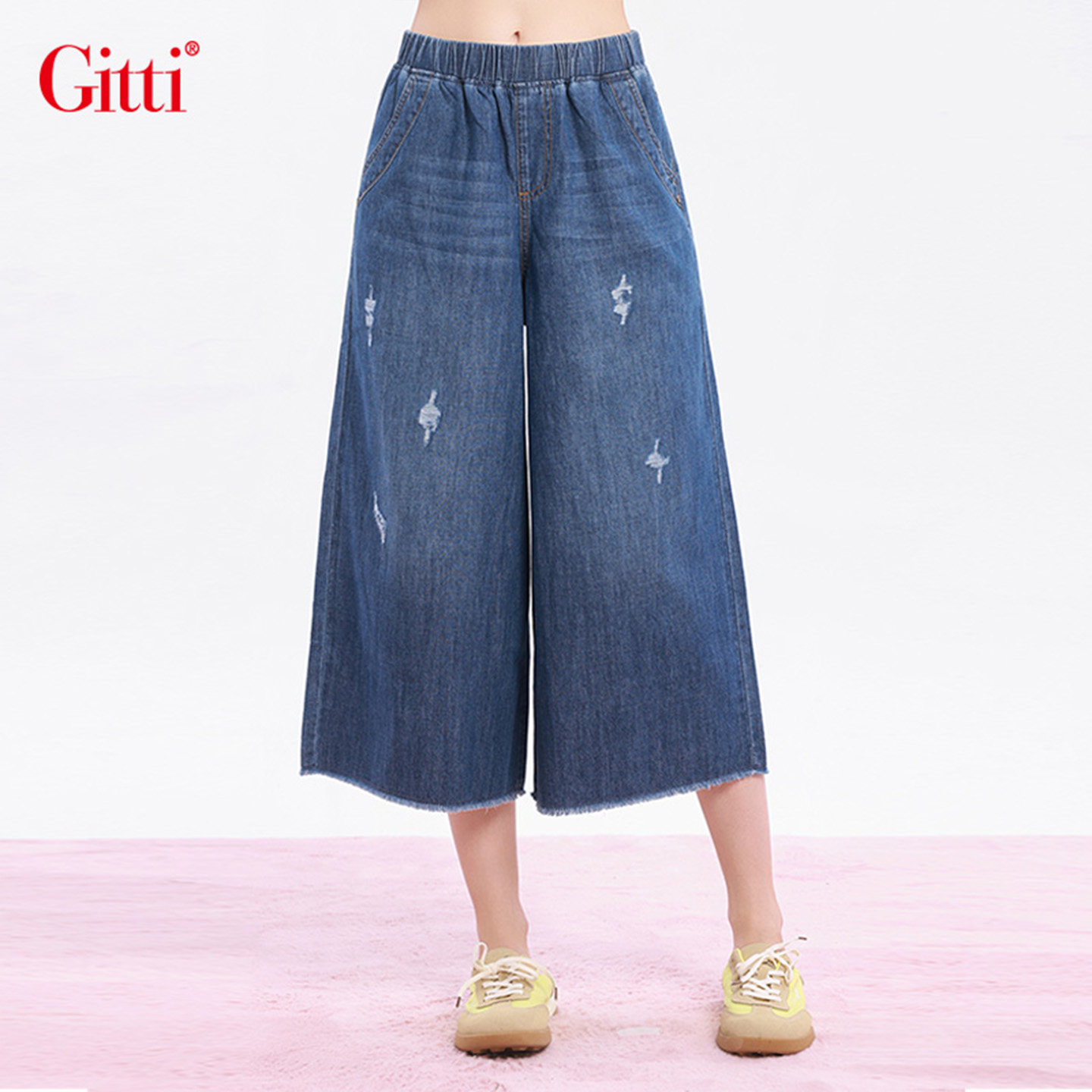 Gitti/吉蒂破洞流苏花边牛仔裤女棉宽松大码裙裤八分裤G261243