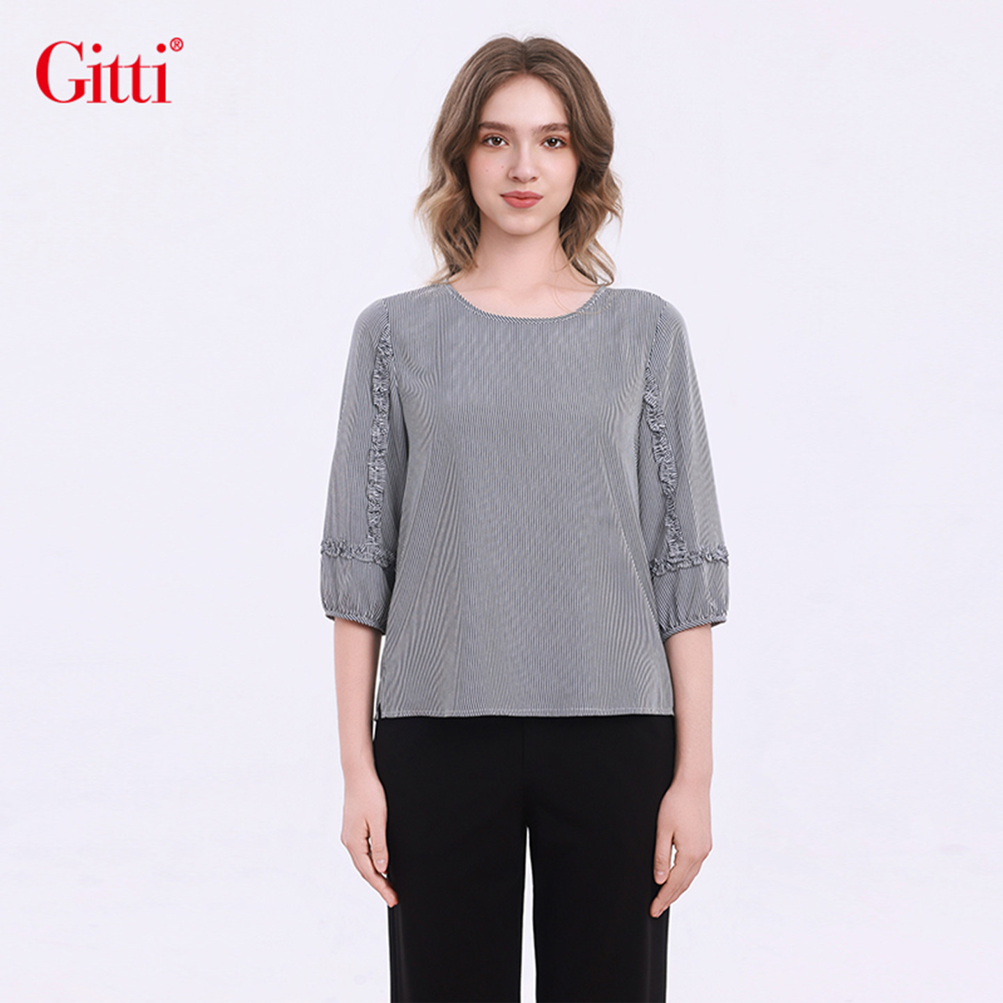 Gitti/吉蒂条纹印花荷叶边拼接七分袖T恤女圆领中袖上衣G261130