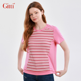 Gitti 上衣G251093 吉蒂横条纹棉圆领T恤女宽松大码 拼接短袖