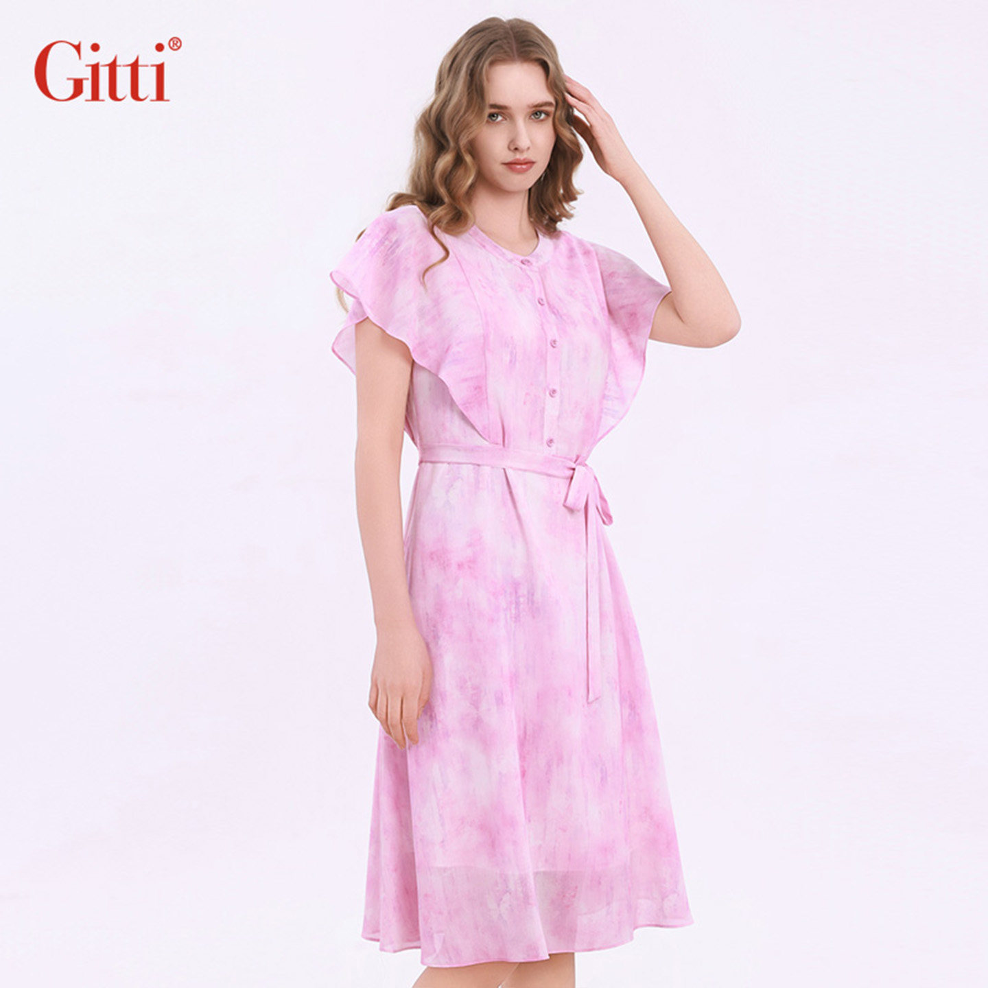 Gitti/吉蒂层碟荷叶边蝙蝠袖雪纺连衣裙女收腰印花裙子G261321