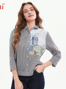 Gitti/吉蒂秋款条纹印花拼接衬衫女七分袖显瘦衬衣G255133