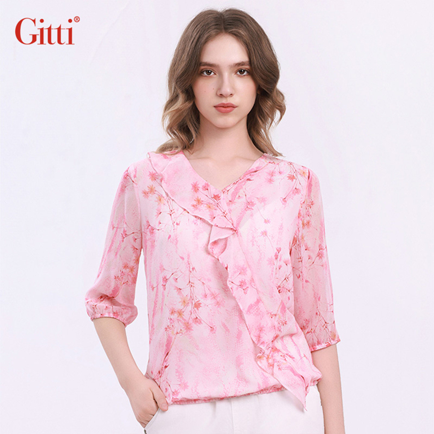 Gitti/吉蒂甜美荷叶边印花五分袖雪纺衫女V领大码中袖上衣G261012