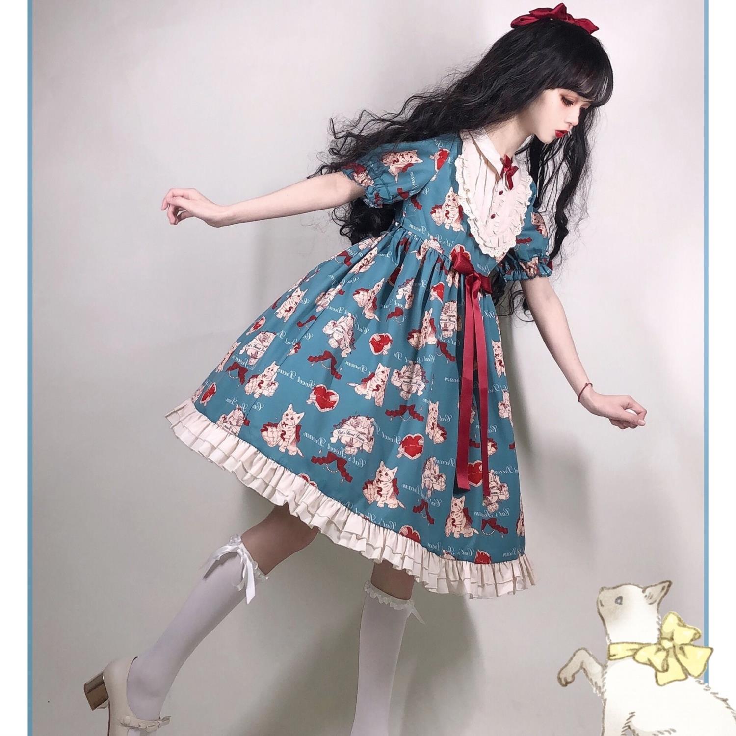 全商品 ロリータスカート灰緑 願い猫 Lolita猫柄ワンピースop 全商品 ロリータスカート灰緑 願い猫 Lolita猫柄ワンピースop