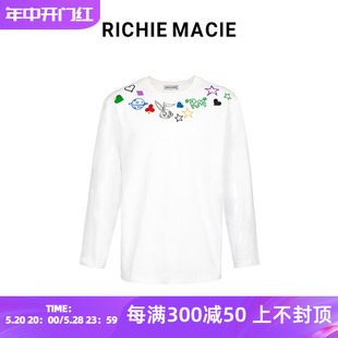 Macie白色涂鸦肩印花长袖 Richie 宽松T恤情侣同款 官方授权 潮