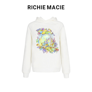 【左航同款】Richie Macie白色卡通兔涂鸦印花连帽宽松卫衣情侣潮