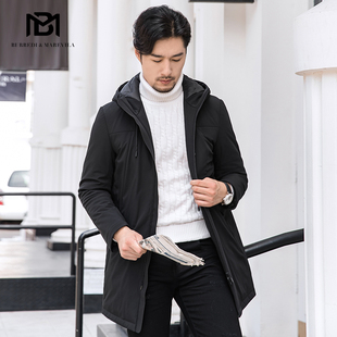 BM男士羽绒服新款男韩版白鸭绒连帽帅气纯色中长款冬季休闲外套潮